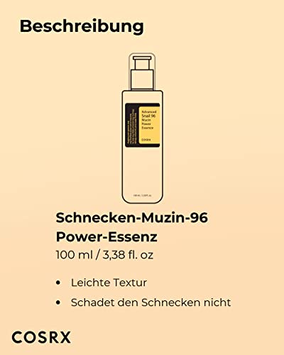 COSRX Advanced Snail 96% Mucin Power Essence 100ml, Gesichtsserum mit Schneckenschleim und Hyaluron hochdosiert, für unreine und empfindliche Haut, Anti Pickel, tierversuchsfrei, Korean Skincare