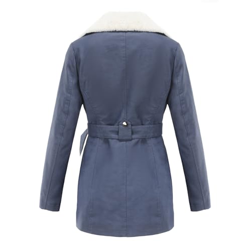 DLLDLGG Damen-Winterjacke Mit Pelzfutter Aus Kunstleder, Warme Oberbekleidung, Langer Motorradmantel Mit Gürtel Und Taschen(Blue,L)