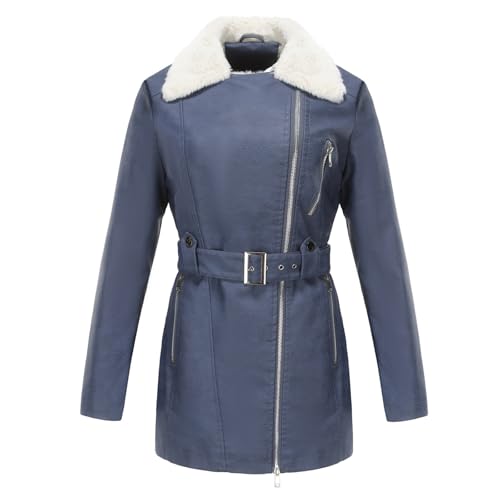 DLLDLGG Damen-Winterjacke Mit Pelzfutter Aus Kunstleder, Warme Oberbekleidung, Langer Motorradmantel Mit Gürtel Und Taschen(Blue,L)