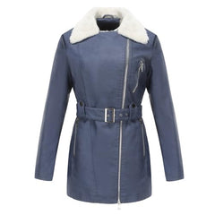 DLLDLGG Damen-Winterjacke Mit Pelzfutter Aus Kunstleder, Warme Oberbekleidung, Langer Motorradmantel Mit Gürtel Und Taschen(Blue,L)