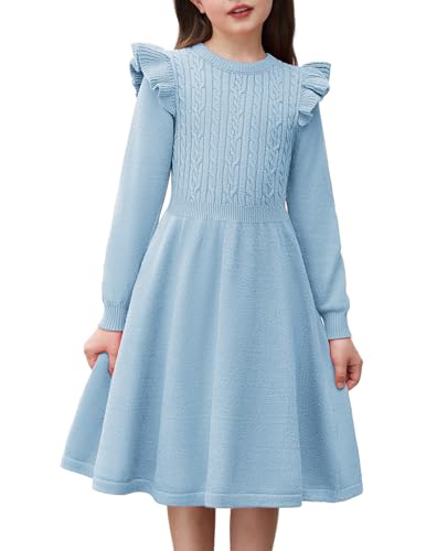 Arshiner Strickkleid Mädchen Flatter langärmel Pullover Kleid Herbst Winter Kleid Kinder Festliches Kleid Blau 6