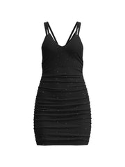 shownicer Partykleid Damen Sexy Ruckenfrei Off Shoulder Bodycon Kleider V-Ausschnitt Spaghettiträger Clubkleid Minikleid Cami Kleid Wickelkleider A Schwarz XXL