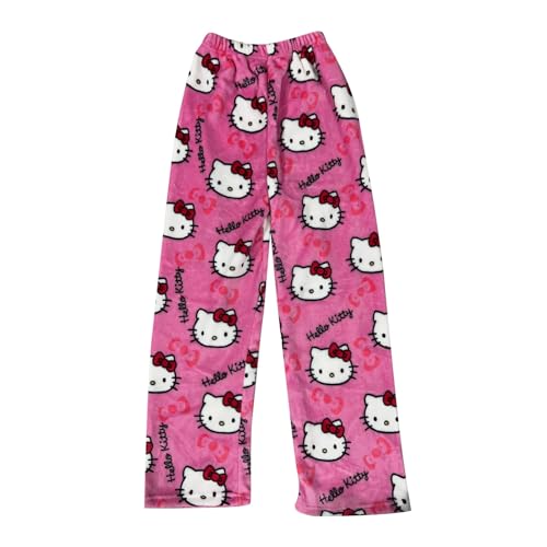 Schlafanzug Damen Pyjama Bottoms Hosen Lang Flanell Hose Schlafhose Weich Kawaii Anime Bequeme Winter Schlafanzughose Frauen Cartoon Casual Home 1-Rosa M