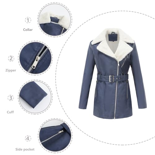 DLLDLGG Damen-Winterjacke Mit Pelzfutter Aus Kunstleder, Warme Oberbekleidung, Langer Motorradmantel Mit Gürtel Und Taschen(Blue,L)