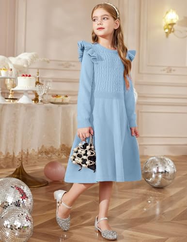 Arshiner Strickkleid Mädchen Flatter langärmel Pullover Kleid Herbst Winter Kleid Kinder Festliches Kleid Blau 6