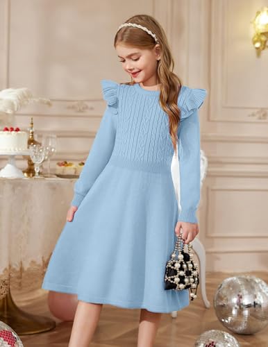 Arshiner Strickkleid Mädchen Flatter langärmel Pullover Kleid Herbst Winter Kleid Kinder Festliches Kleid Blau 6