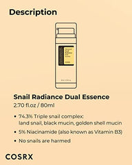 COSRX Niacinamide 5% + Snail Mucin 74% Dual Essence, dunkle Flecken & Anti aging Gesicht Serum für einen strahlenden Hautton, Hydrating, Brightening, Korean Skincare, 2.70 fl.oz / 80ml