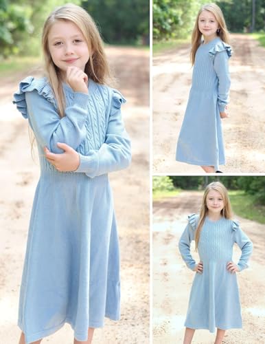 Arshiner Strickkleid Mädchen Flatter langärmel Pullover Kleid Herbst Winter Kleid Kinder Festliches Kleid Blau 6