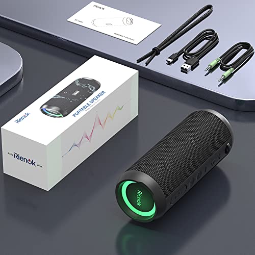 RIENOK Bluetooth Lautsprecher mit Licht Bluetooth 5.3 Musikbox Bass Kabellos Box mit IPX7 wasserdicht Stereo Sound Tragbar