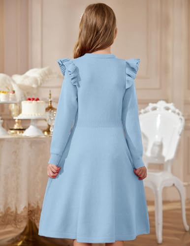 Arshiner Strickkleid Mädchen Flatter langärmel Pullover Kleid Herbst Winter Kleid Kinder Festliches Kleid Blau 6