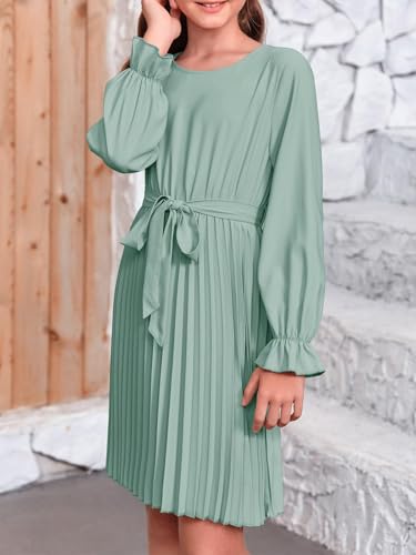 Haloumoning Mädchen Kleid Elegant Langarm Kleider Kids A-Linie Faltenrock Rundhals Fließender Midi Kleid, Grün, 11-12 Jahre