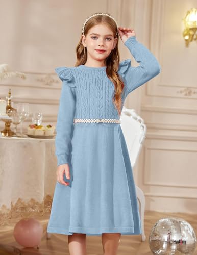 Arshiner Strickkleid Mädchen Flatter langärmel Pullover Kleid Herbst Winter Kleid Kinder Festliches Kleid Blau 6