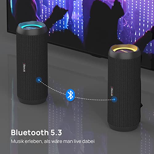 RIENOK Bluetooth Lautsprecher mit Licht Bluetooth 5.3 Musikbox Bass Kabellos Box mit IPX7 wasserdicht Stereo Sound Tragbar