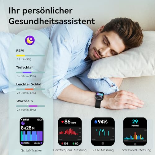 Smartwatch Herren Damen mit Telefonfunktion Alexa Integriert -Fitnessuhr 110+ Sportmodi &IP68-1,91" Schrittzähler Uhr für Android iOS Armbanduhr mit Pulsmesser SpO2 Stress Schlafmonitor -Schawrz