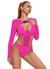 EVELUST Rave Outfits Für Damen - Festival Outfit Damen Sexy Neon Mesh Body Bodysuit Achselzucken Langarm Crop Tops Mit Schnalle Techno Klamotten Party Dance Badeanzug 2-Teilig(Rose,M,1017w)