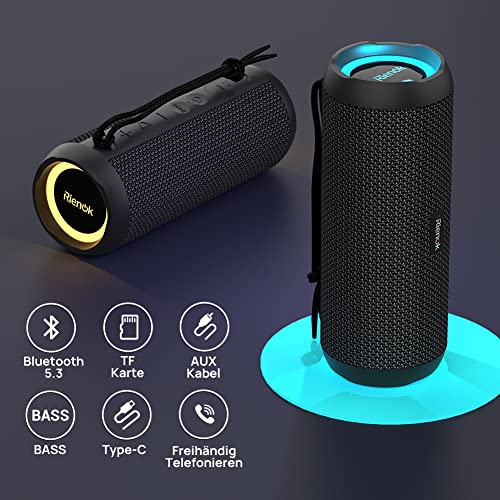 RIENOK Bluetooth Lautsprecher mit Licht Bluetooth 5.3 Musikbox Bass Kabellos Box mit IPX7 wasserdicht Stereo Sound Tragbar