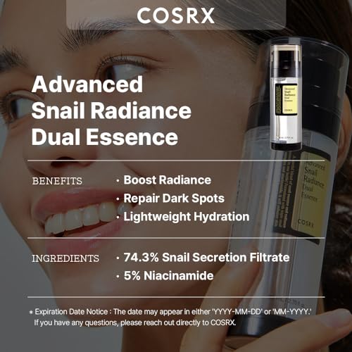 COSRX Niacinamide 5% + Snail Mucin 74% Dual Essence, dunkle Flecken & Anti aging Gesicht Serum für einen strahlenden Hautton, Hydrating, Brightening, Korean Skincare, 2.70 fl.oz / 80ml