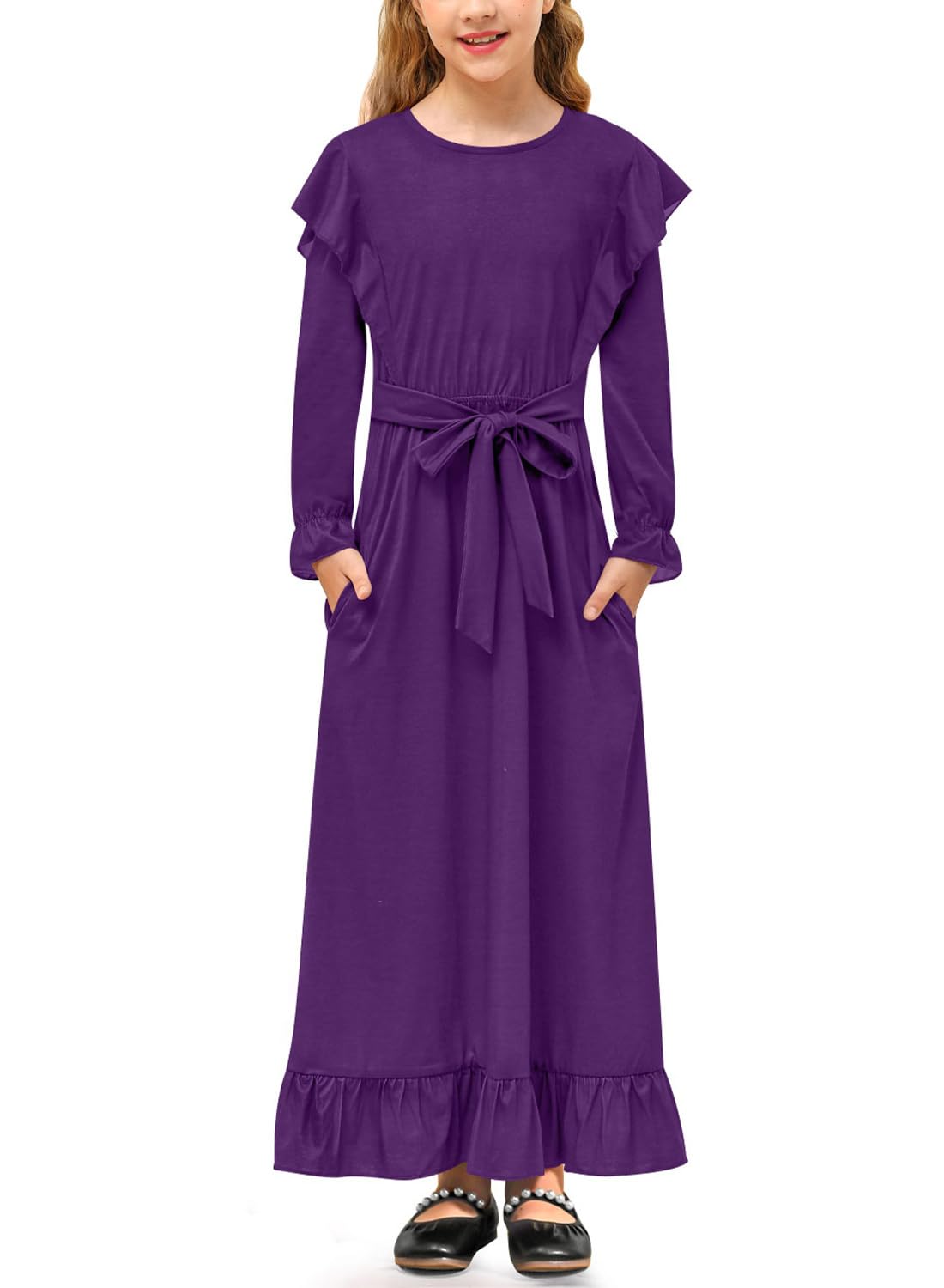 BesserBay Kinder Lässig Maxikleid Langarm mit Ruffle Freizeitkleid mit Gürtel und Taschen Kleid Violett 130