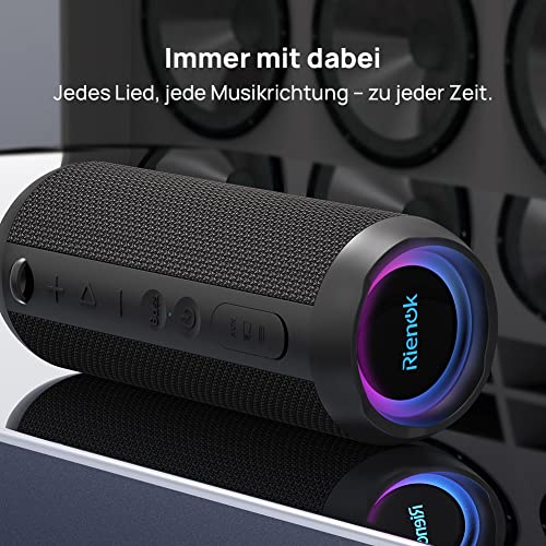 RIENOK Bluetooth Lautsprecher mit Licht Bluetooth 5.3 Musikbox Bass Kabellos Box mit IPX7 wasserdicht Stereo Sound Tragbar