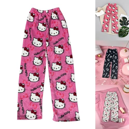 Schlafanzug Damen Pyjama Bottoms Hosen Lang Flanell Hose Schlafhose Weich Kawaii Anime Bequeme Winter Schlafanzughose Frauen Cartoon Casual Home 1-Rosa M