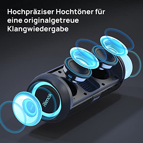 RIENOK Bluetooth Lautsprecher mit Licht Bluetooth 5.3 Musikbox Bass Kabellos Box mit IPX7 wasserdicht Stereo Sound Tragbar