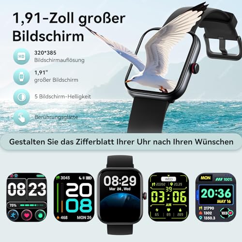 Smartwatch Herren Damen mit Telefonfunktion Alexa Integriert -Fitnessuhr 110+ Sportmodi &IP68-1,91" Schrittzähler Uhr für Android iOS Armbanduhr mit Pulsmesser SpO2 Stress Schlafmonitor -Schawrz