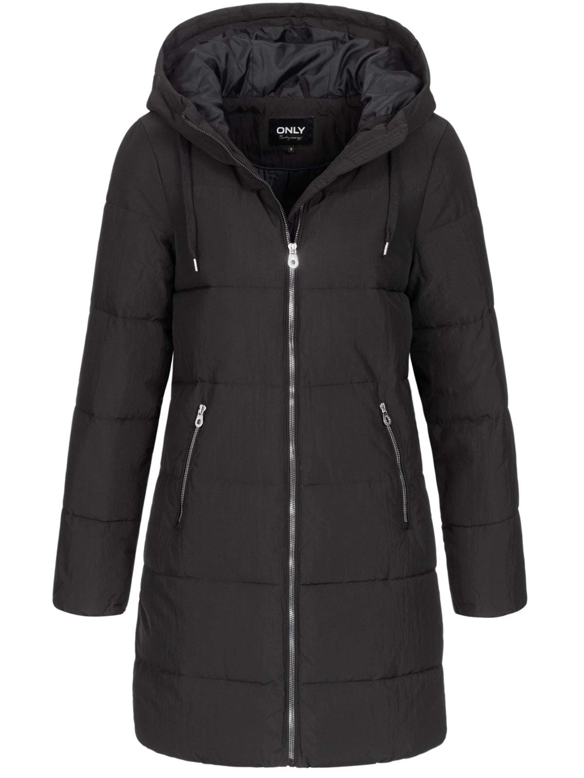 ONLY Damen Lange Puffer Jacke | Warmer Stepp Wintermantel mit Kapuze | Wattierter Blouson ONLDOLLY, Farben:Schwarz, Größe:M