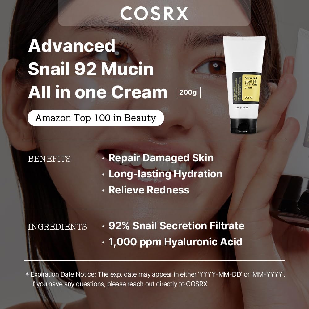 COSRX Advanced Snail 92% All in One Cream Tube 200g, Feuchtigkeitscreme mit Schneckenschleim und Hyaluron, für trockene und empfindliche Haut, Anti Rötungen, tierversuchsfrei, Korean Skincare