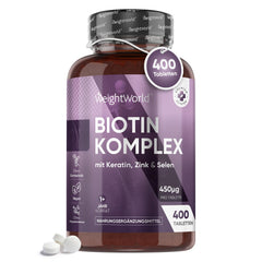 Biotin Komplex mit Keratin, Selen, Zink - 400 vegane Tabletten - 1+ Jahre Vorrat - Für Haare, Haut, Nägel & Bart - Natürliches D-Biotin für Frauen & Männer - Unterstützt Haarwachstum - WeightWorld