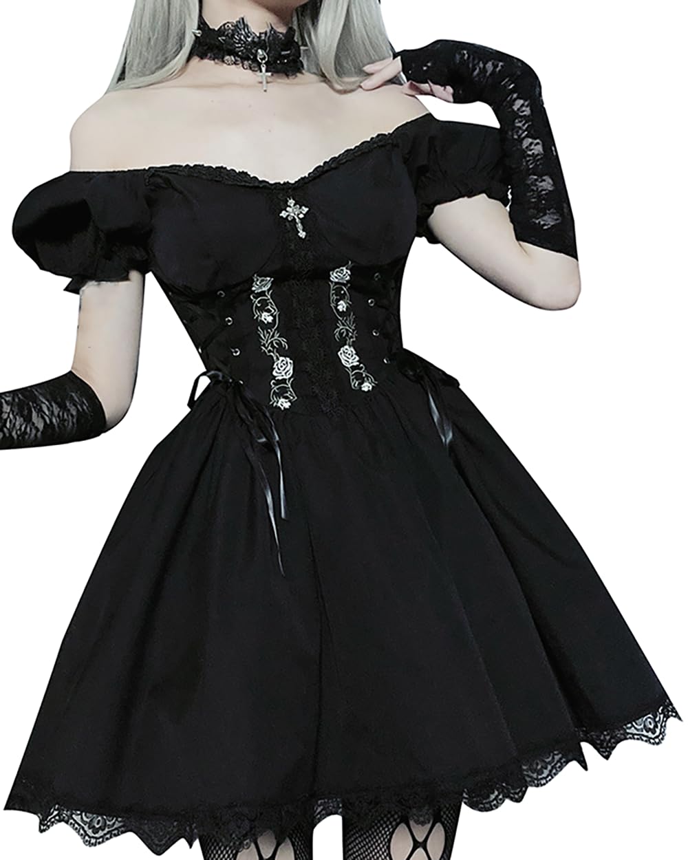 XKBHYD Gothic Kleid Damen Schulternfrei Kurze Ärmel Minikleid Hohe Taille Empire-Taille Schlanke Passform Spitze Party Kleid