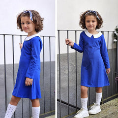 Arshiner Kleider für Mädchen Langarm Kinderkleid Peter Pan Kragen Festlichekleid Kinder A-Linien-Kleid Baumwollekleid Casual Kleider Blau Herbstkleid 110/4-5 Jahre