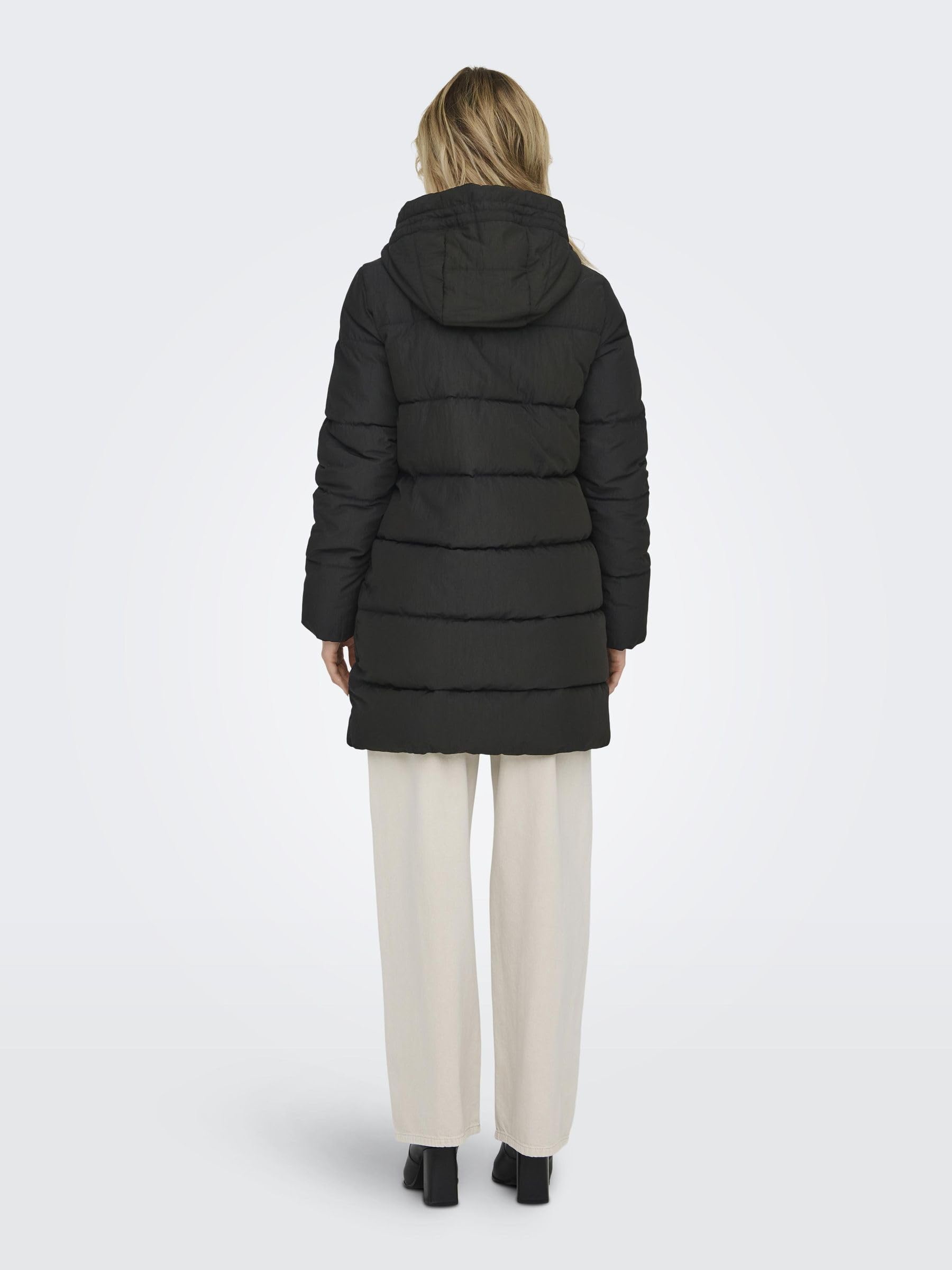 ONLY Damen Lange Puffer Jacke | Warmer Stepp Wintermantel mit Kapuze | Wattierter Blouson ONLDOLLY, Farben:Schwarz, Größe:M