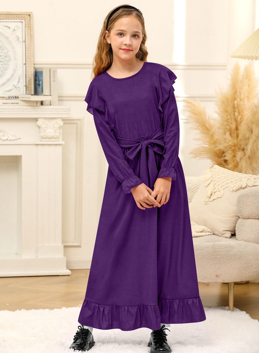 BesserBay Kinder Lässig Maxikleid Langarm mit Ruffle Freizeitkleid mit Gürtel und Taschen Kleid Violett 130