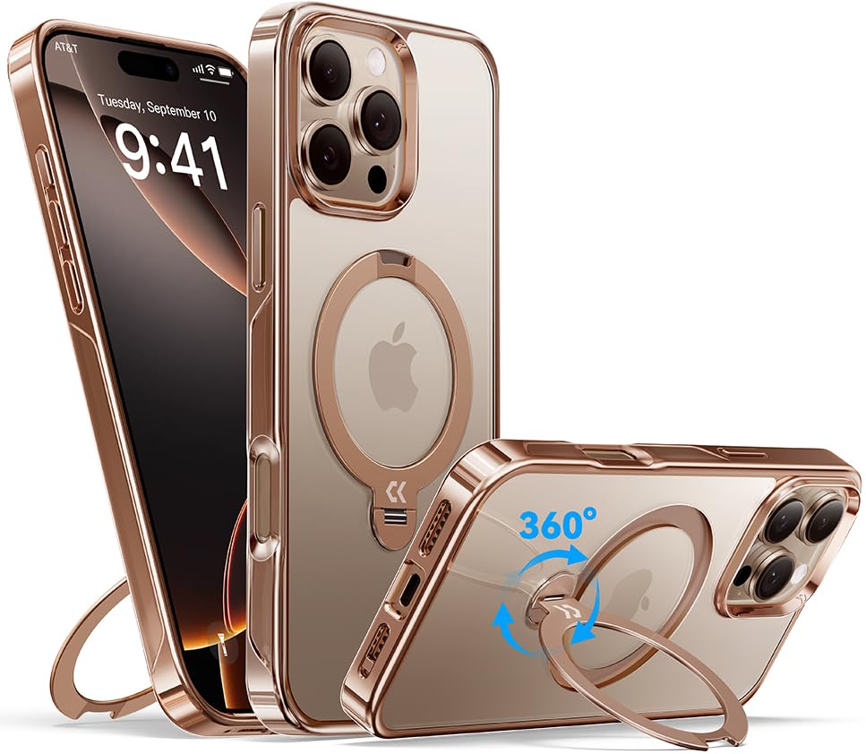 CASEKOO Original Titan Wüstensand für iPhone 16 Pro Hülle mit MagSafe & 360° Unsichtbarer Ständer [Militärschutz] Stoßfest Schutzhülle Griffig Case Dünn Handyhülle, MagicStand Pro-Version, Gold