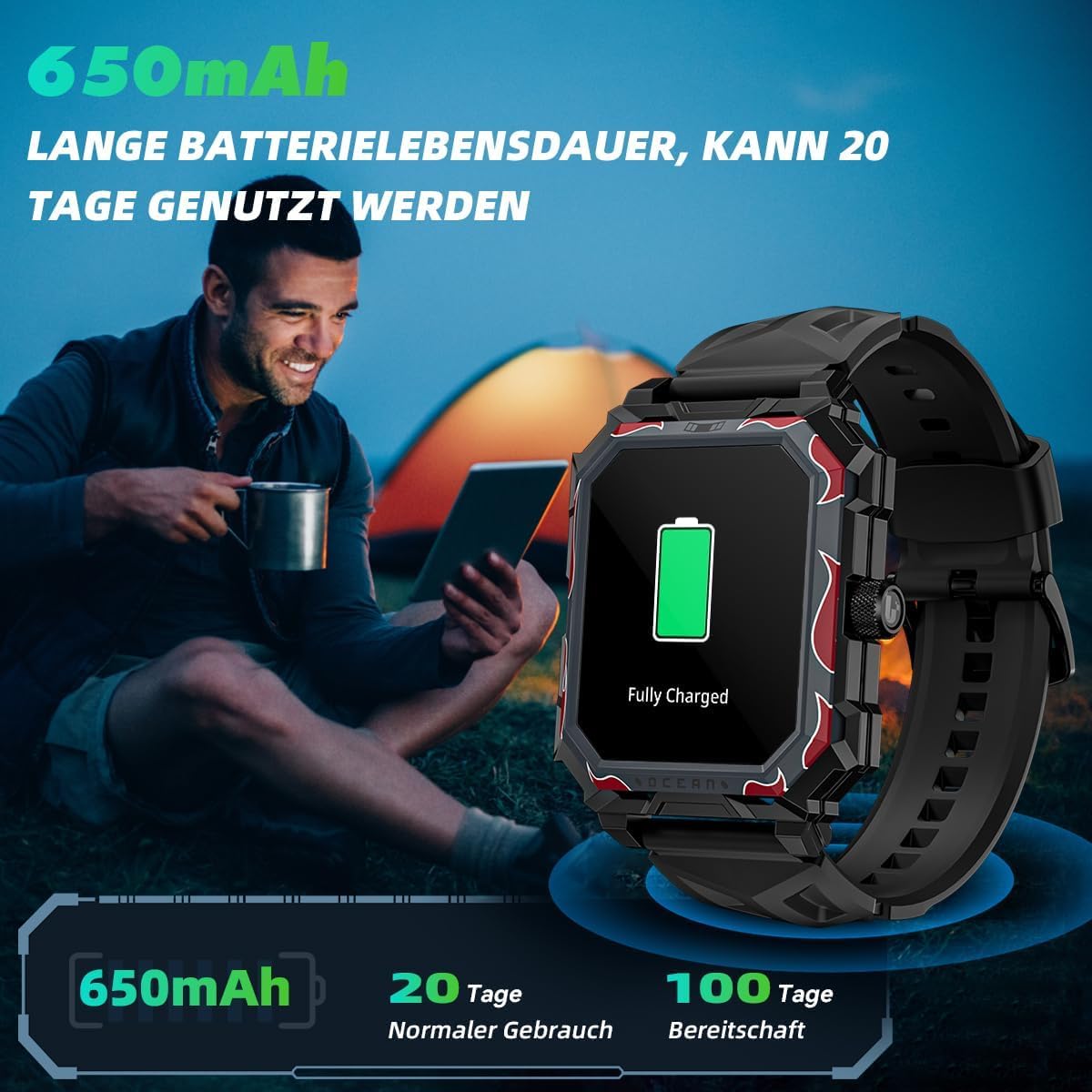 LOKMAT Ocean 1,96 Zoll Touchscreen Uhren Herren, MAX Militär Smartwatch Herren mit Telefonfunktion 650mAh 5ATM Wasserdicht 100+ Sportmodi Fitnessuhr Herren Sportuhr Outdoor Smartwatch für Android iOS