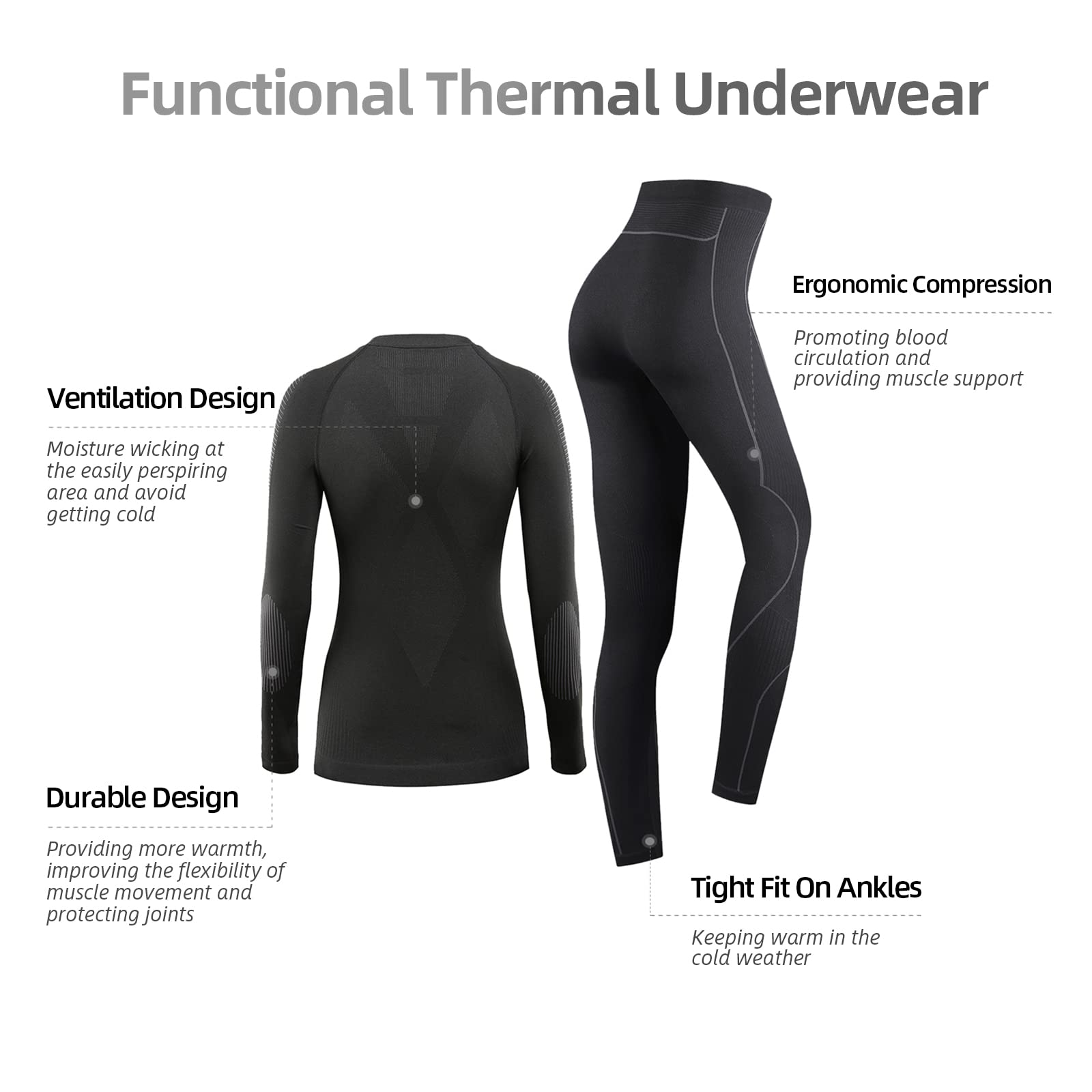 NOOYME Thermounterwäsche Damen Funktionsunterwäsche Damen Warm & Atmungsaktiv Funktionswäsche Damen Thermo Unterwäsche Dame Skiunterwäsche Damen, Schwarz-grau XL