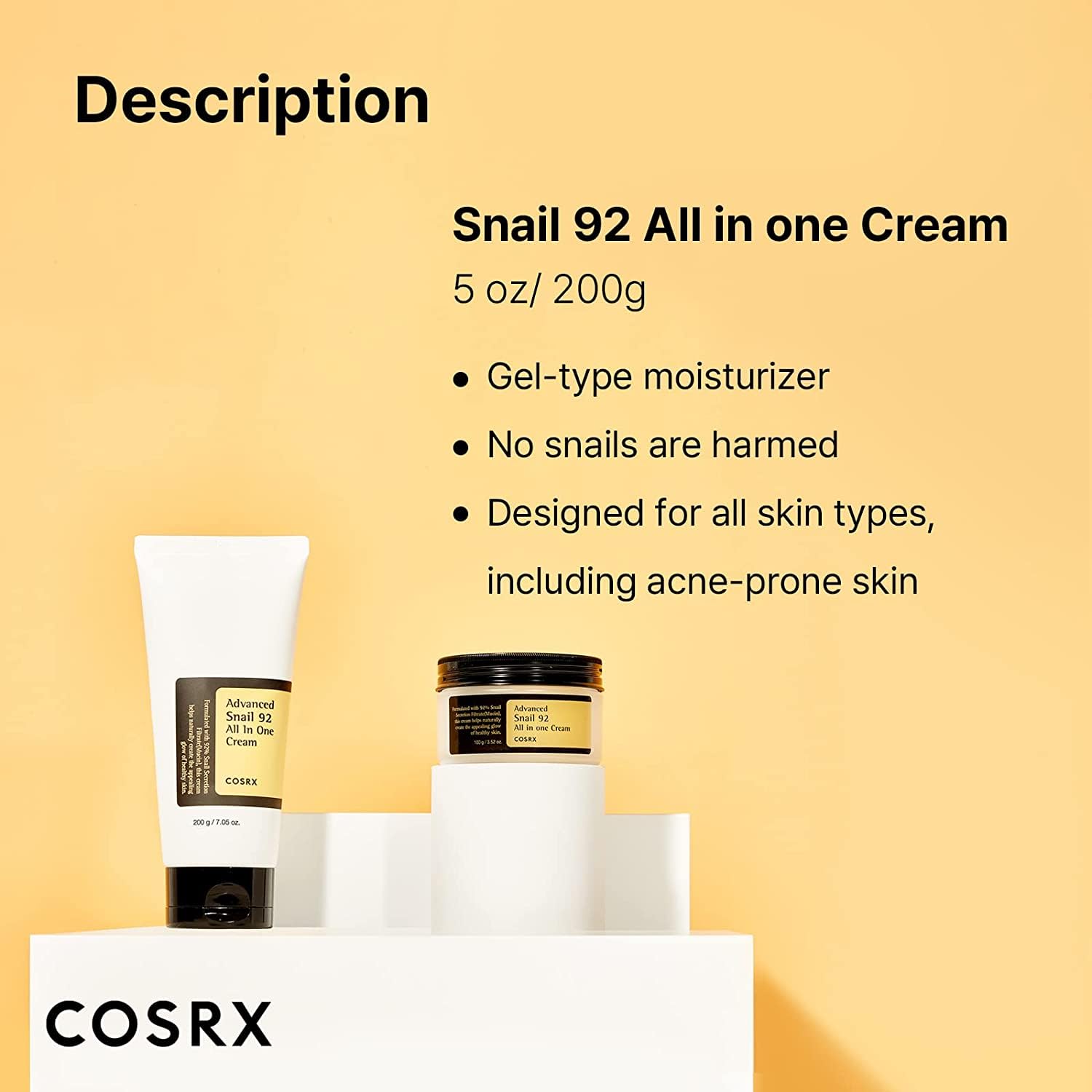 COSRX Advanced Snail 92% All in One Cream Tube 200g, Feuchtigkeitscreme mit Schneckenschleim und Hyaluron, für trockene und empfindliche Haut, Anti Rötungen, tierversuchsfrei, Korean Skincare