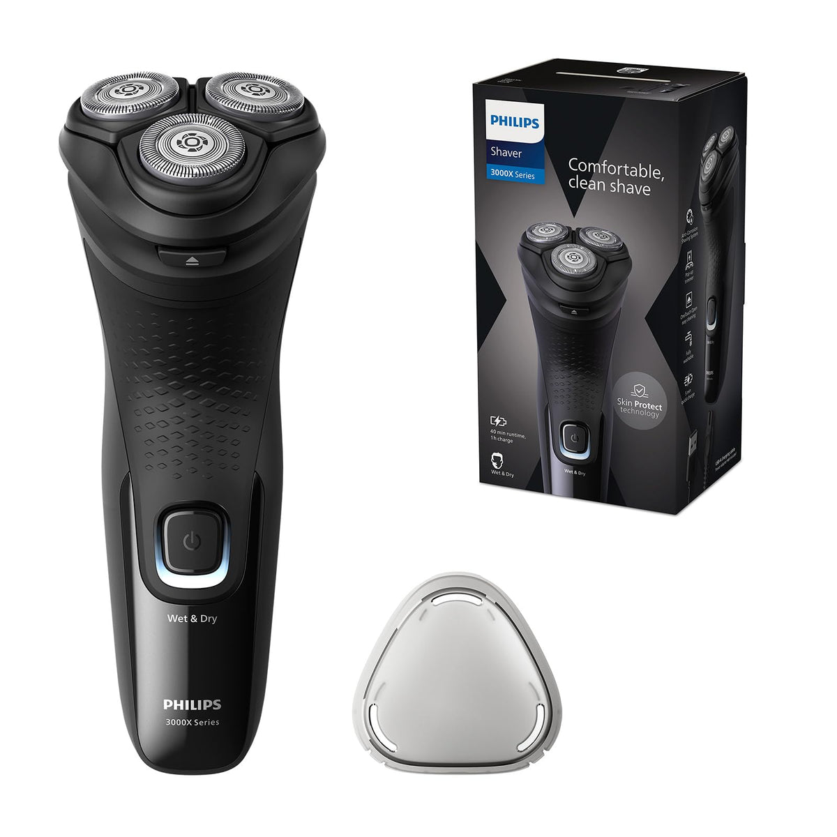 Philips Shaver Series 3000X – Elektrischer Nass- und Trockenrasierer für Männer in Schwarz, mit SkinProtect-Technologie, ausklappbarem Bartschneider (Modell X3001/00)