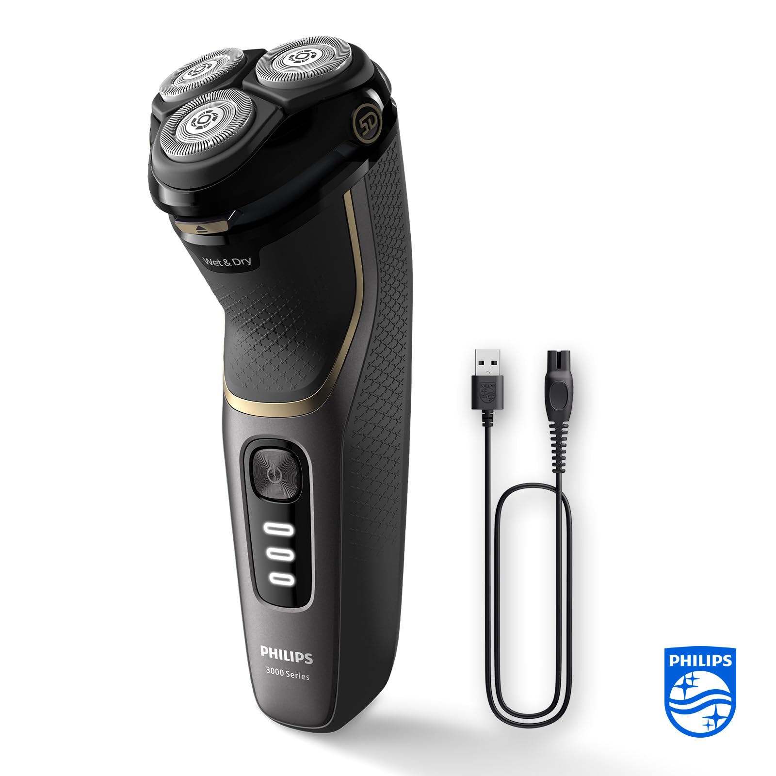 Philips Shaver Series 3000 – Elektrischer Nass- und Trockenrasierer für Männer in Schwarz, mit SkinProtect-Technologie, ausklappbarem Bartschneider, Ladestation und Reisetasche (Modell S3342/13)