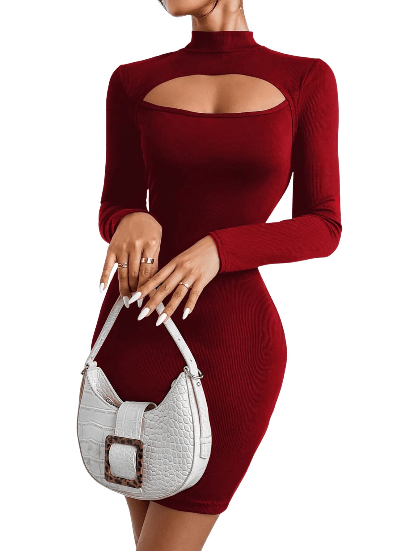 SOLY HUX Bodycon Kleid Damen Langarm Minikleid Cut Outs Kleider Herbst Partykleid Bleistift Kurzkleid Freizeitkleid Bordeaux XS