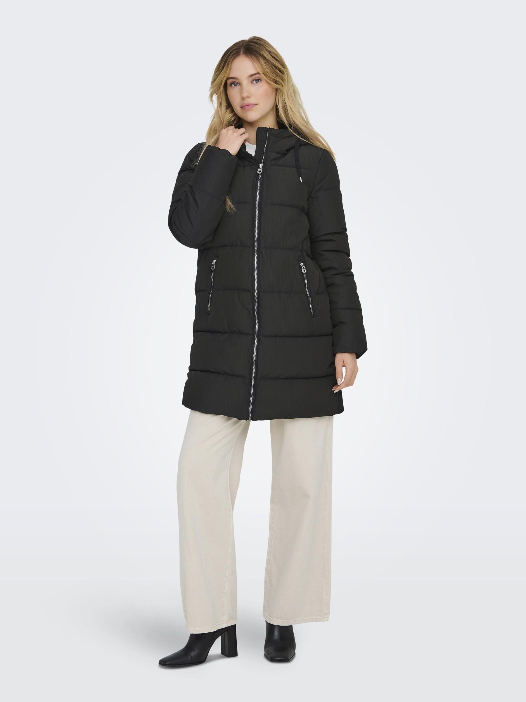 ONLY Damen Lange Puffer Jacke | Warmer Stepp Wintermantel mit Kapuze | Wattierter Blouson ONLDOLLY, Farben:Schwarz, Größe:M