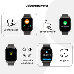 Popglory Smartwatch für Damen Herren, 1.85 Zoll Touch-Farbdisplay mit Bluetooth Anrufe,Fitnessuhr mit SpO2 Blutdruckmessung Herzfrequenz Schrittzähler Schlafmonitor, Musikwiedergabe