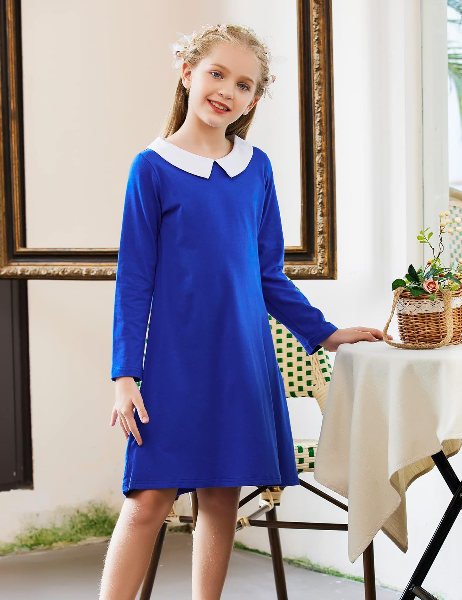 Arshiner Kleider für Mädchen Langarm Kinderkleid Peter Pan Kragen Festlichekleid Kinder A-Linien-Kleid Baumwollekleid Casual Kleider Blau Herbstkleid 150/11-12 Jahre