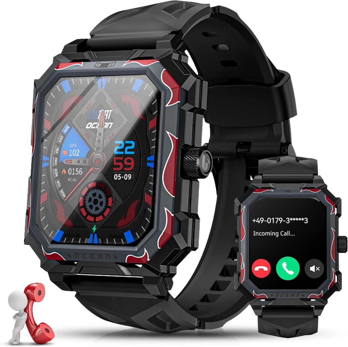 LOKMAT Ocean 1,96 Zoll Touchscreen Uhren Herren, MAX Militär Smartwatch Herren mit Telefonfunktion 650mAh 5ATM Wasserdicht 100+ Sportmodi Fitnessuhr Herren Sportuhr Outdoor Smartwatch für Android iOS