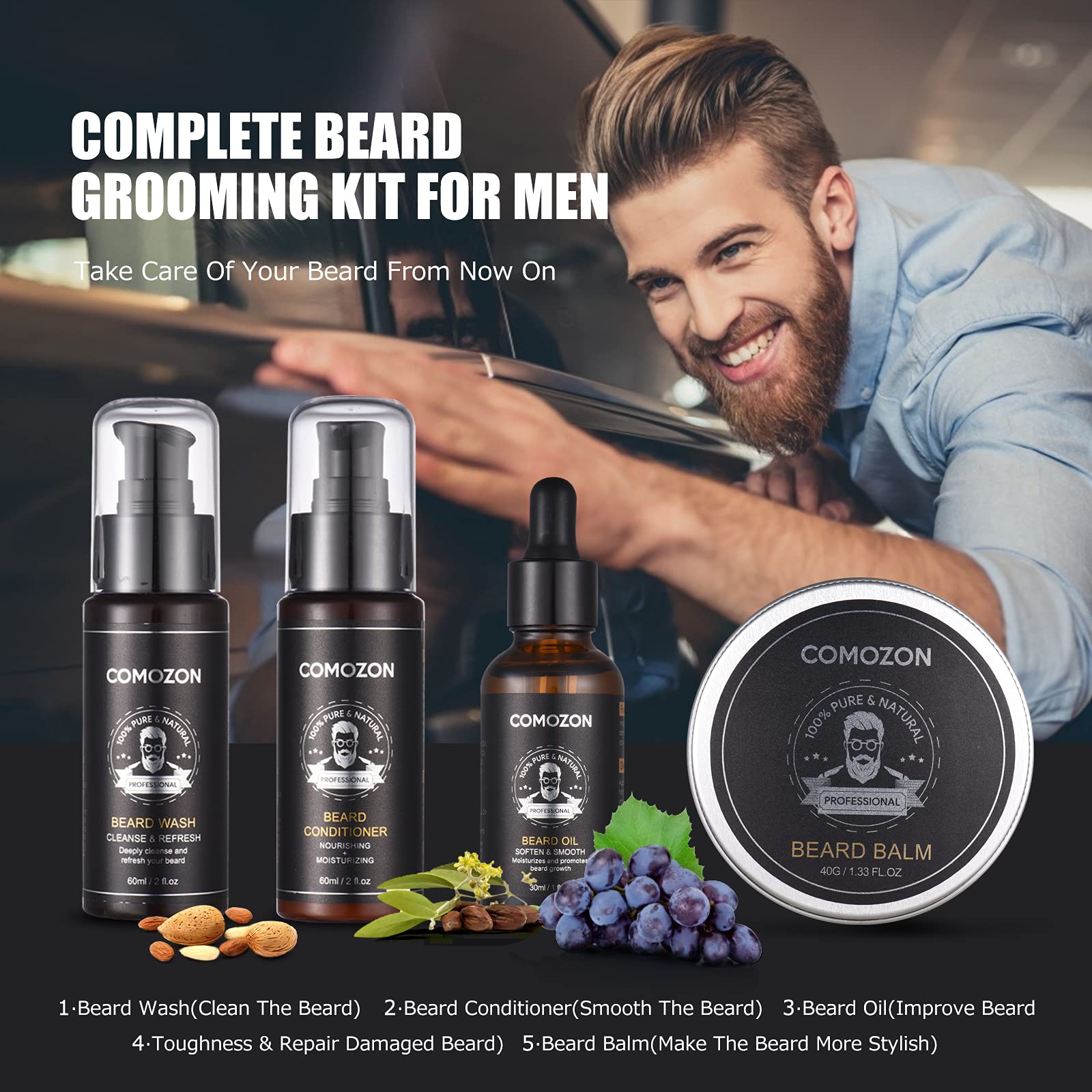 Bartroller,Bartpflege Set Mit Bart Roller Bartwuchsmittel Männer Comozon Bartroller Beard Growth Kit Mit Bartshampoo Bartöl Bartbalsam Rasiermesser Bartbürste Bartkamm Bartschere