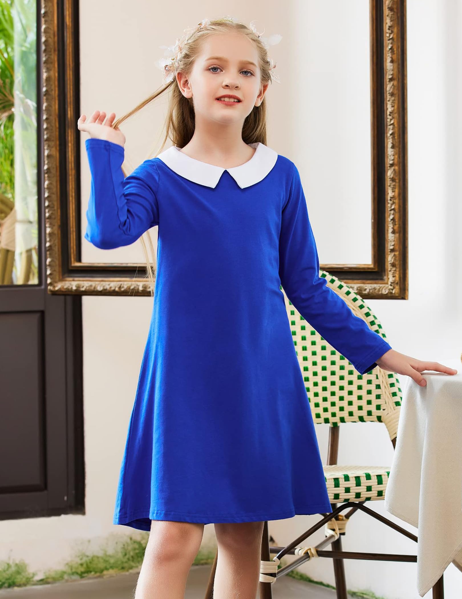 Arshiner Kleider für Mädchen Langarm Kinderkleid Peter Pan Kragen Festlichekleid Kinder A-Linien-Kleid Baumwollekleid Casual Kleider Blau Herbstkleid 110/4-5 Jahre