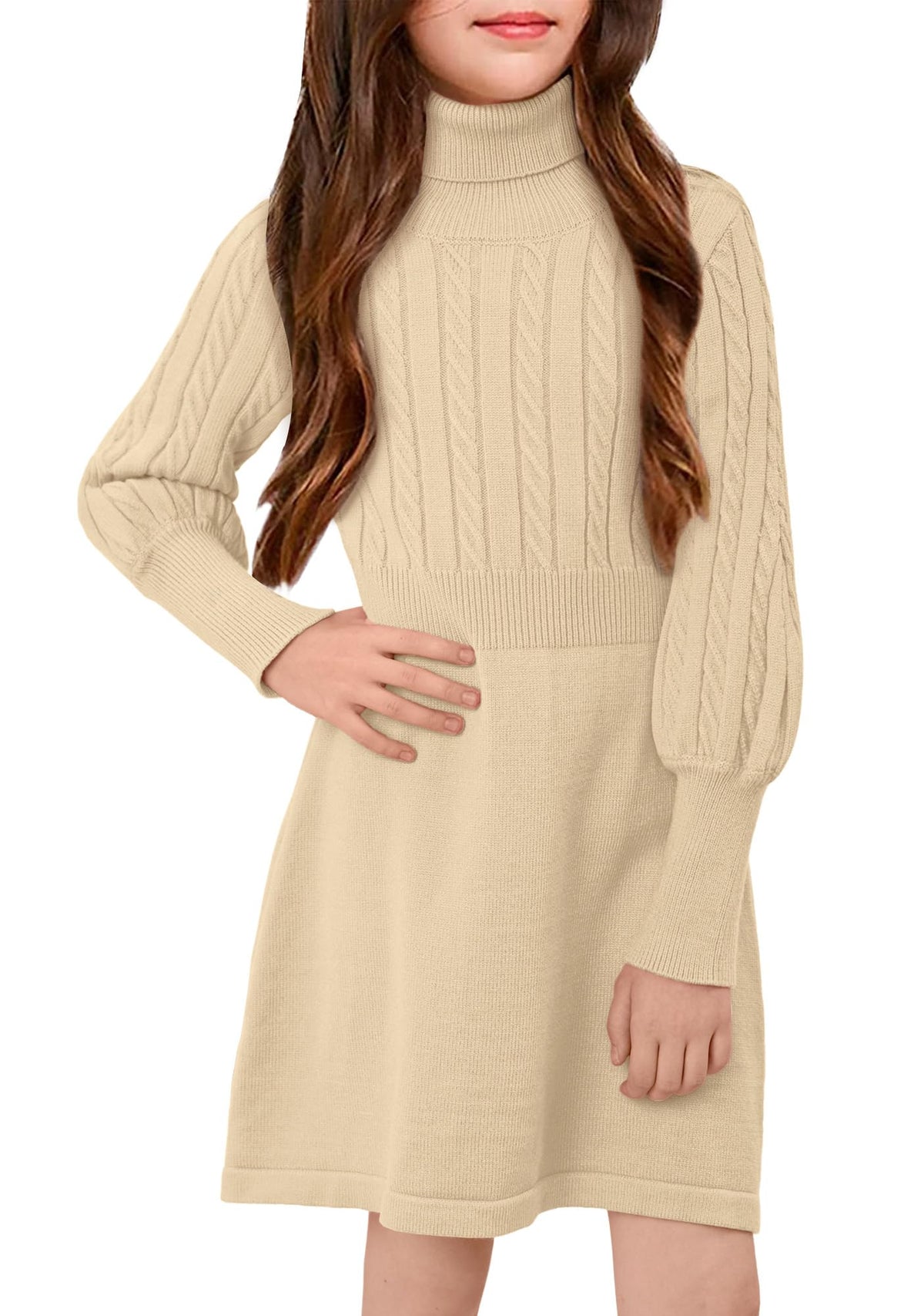 BesserBay Mädchen Winter Langarm Tunika Bequem Abendkleider Pullover Kleid Rollkragen Strickkleid Beige 140