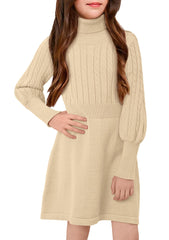 BesserBay Mädchen Winter Langarm Tunika Bequem Abendkleider Pullover Kleid Rollkragen Strickkleid Beige 140