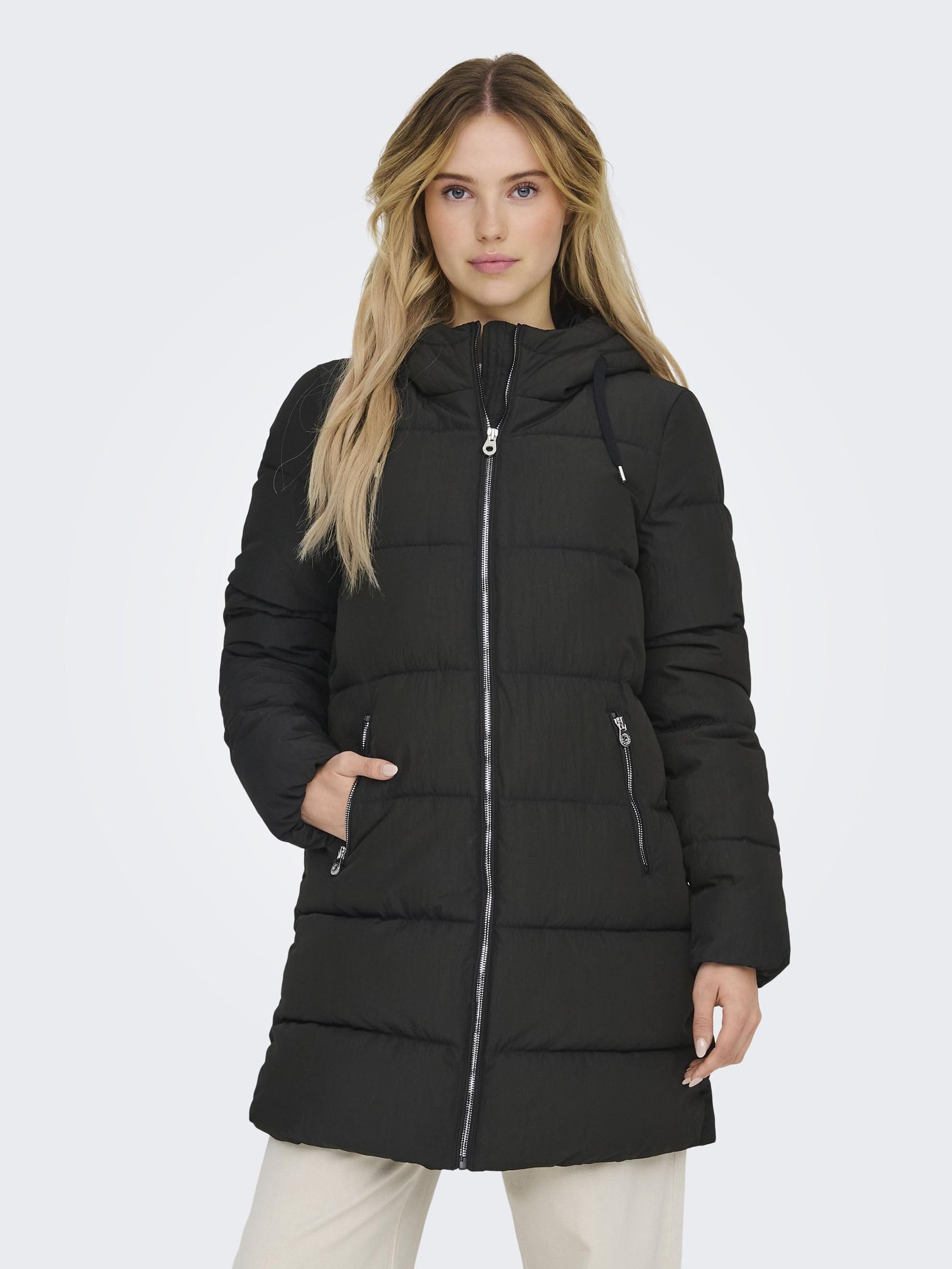 ONLY Damen Lange Puffer Jacke | Warmer Stepp Wintermantel mit Kapuze | Wattierter Blouson ONLDOLLY, Farben:Schwarz, Größe:M