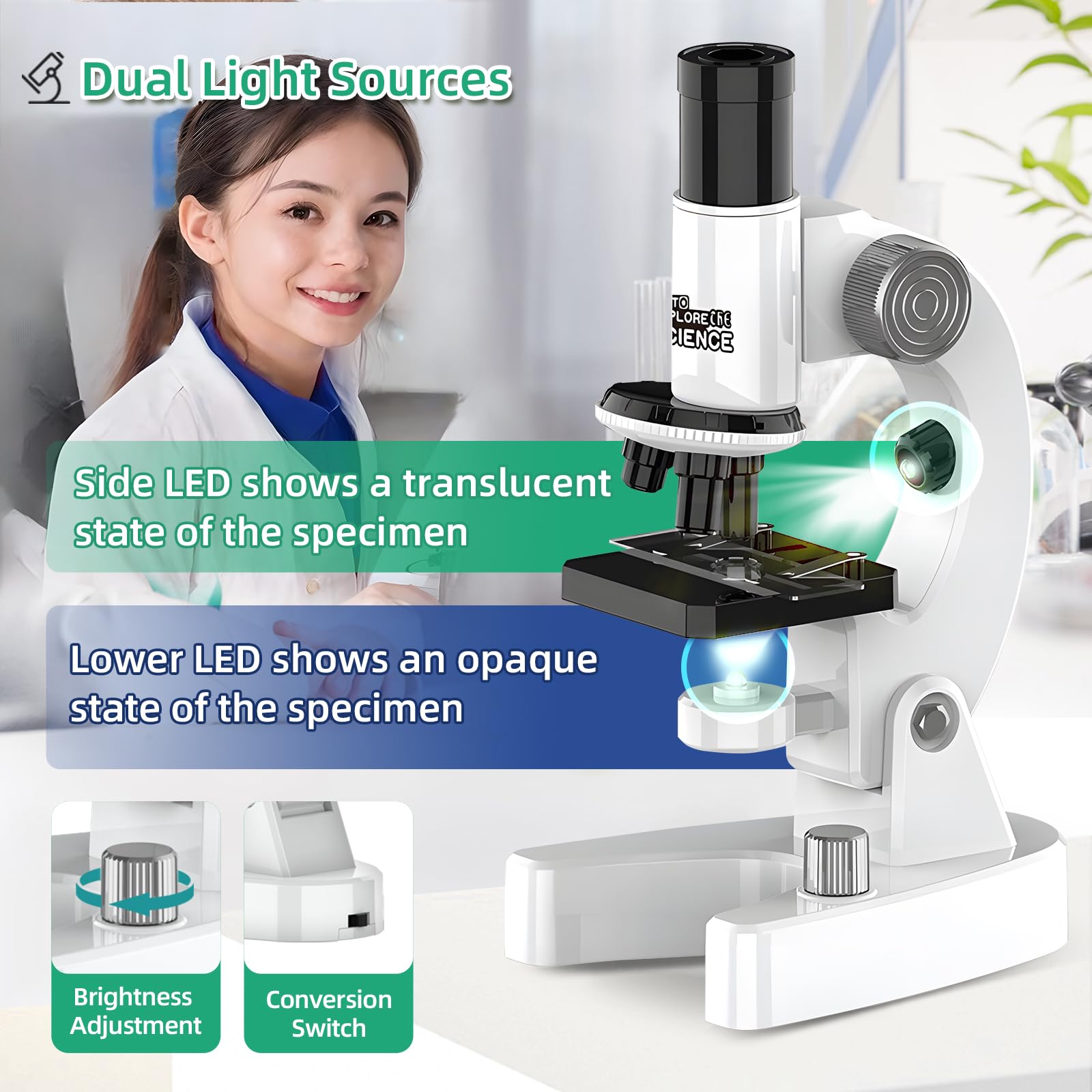 EMUMNUME Microscope for Kids Talking Educational Science Kit for Children 200x-4800x with Slides and Accessories (White)